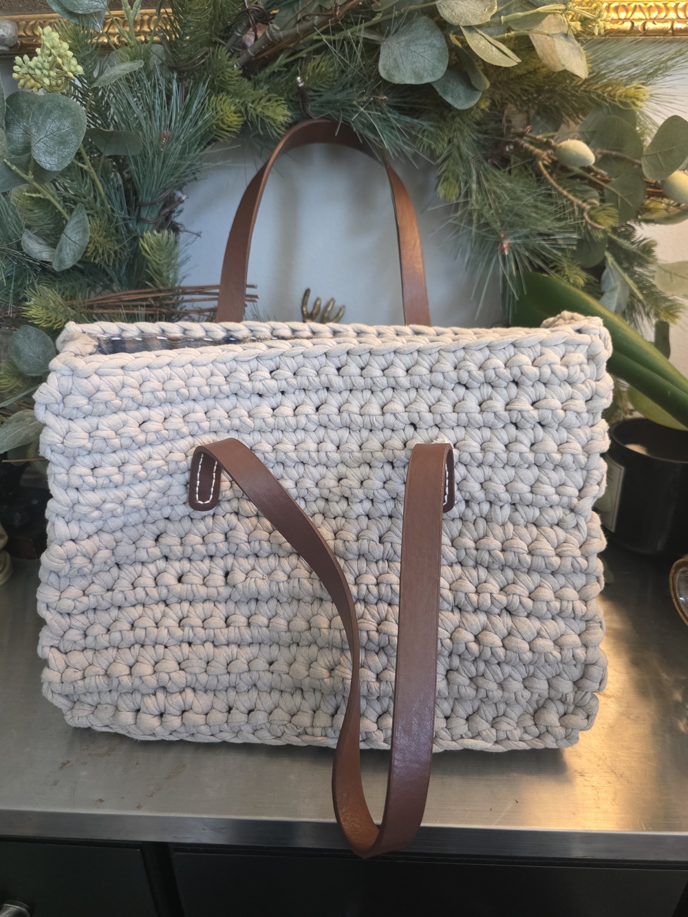 Handwoven Cream Crochet Tote Bag with Brown Leather Straps
